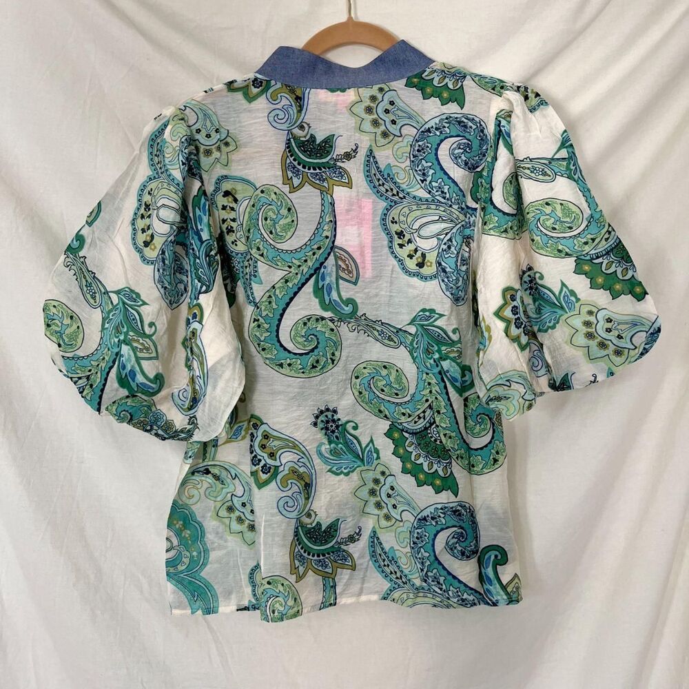 NWT THML short-sleeve top green blue paisley pattern denim-style V-neck collar M - Picture 4 of 8